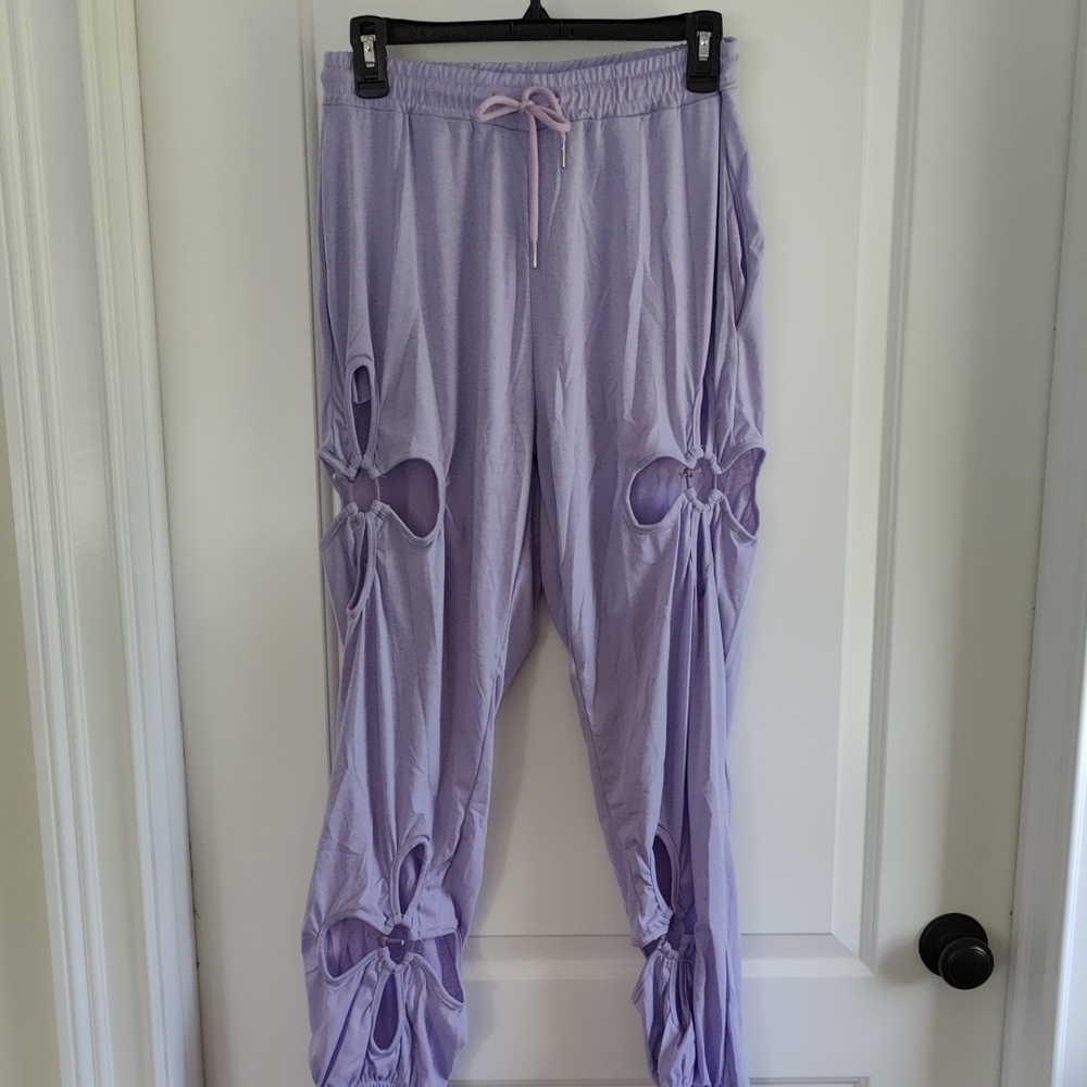 Light Lavender Drawstring Cut-Out Joggers with floral opening